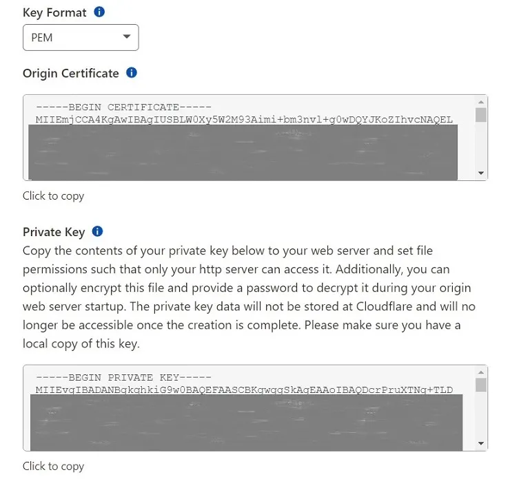 Cloudflare origin certificate & private key