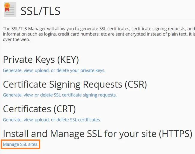 cPanel SSL/TLS section