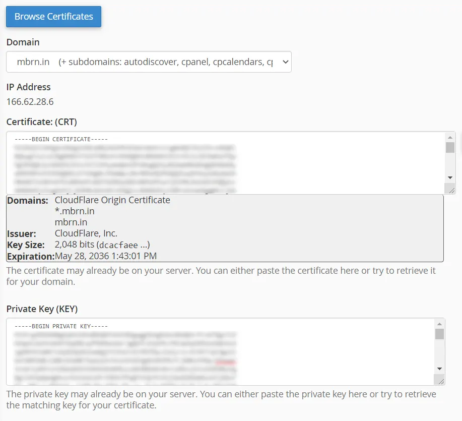 Pasting cert & Key in cPanel